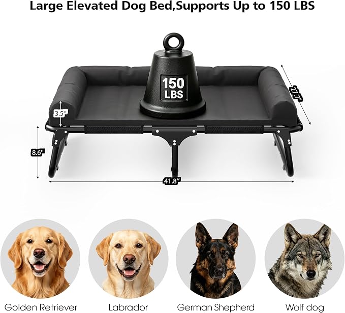 Foldable Elevated Large Dog Cot Bed with Detachable Soft Mat | For Indoor & Outdoor, Raised Orthopedic Pet Bed, Load Over 150 LBS, Carry Handle, Heavy Duty Frame, Non-slip Foot Pads