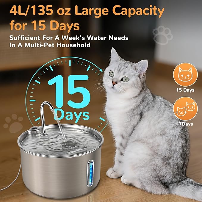 Cat Water Fountain Stainless Steel，135oz/4L， with Adjustable Pump & 3 Flow Modes, Ultra-Quiet Automatic Cat Dog Water Dispenser, Large Capacity Water Fountain for Cats,Dogs,Multiple Pets (1)
