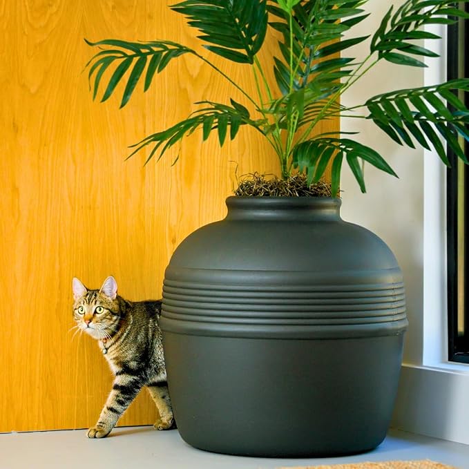 Good Pet Stuff Original Hidden Litter Box Planter, Decorative Cat Litter Enclosure with Carbon Filter, Artificial Palm Plant, Upgraded Design, Easy Clean Litter Tray, Essentials Kit, Black Suede