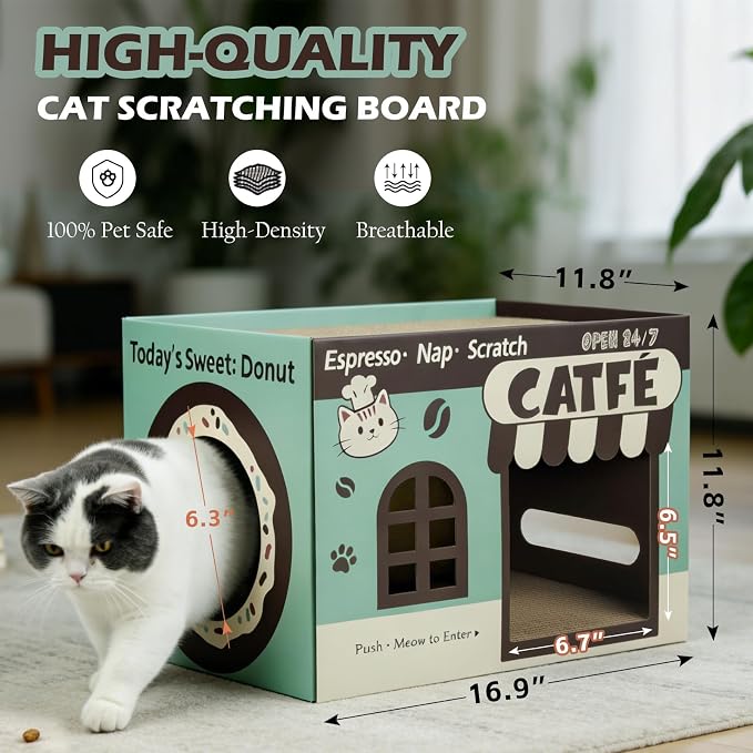 ARGOPET Cardboard Cat Scratcher House, Cozy Cardboard Design with 2 PCS Scratching Pads, Cat Scratcher Box & Bed, 17-Inch Corrugated Cat Scratcher, Safe and Secure for Kittens, Easy to Assemble（Green）
