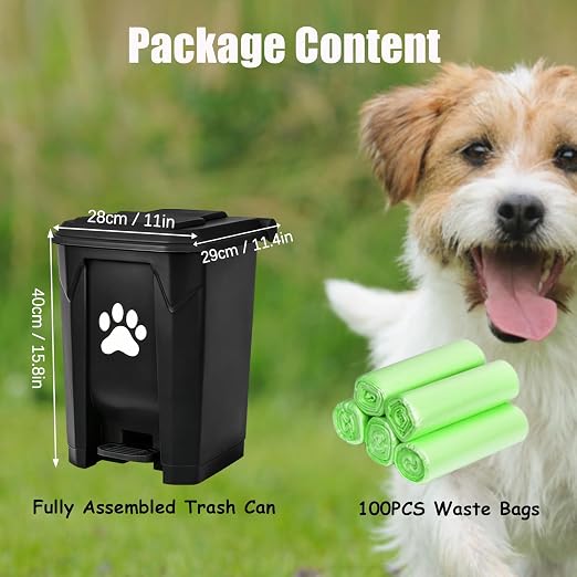 Outdoor Dog Poop Trash Can, Dog Waste Trash Can for Backyard Garden Home with Lid, Removable Inner Bin, Green Waste Bag, Black Fully Assembled