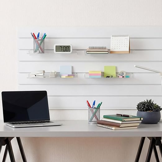 Yalikop 4 Pcs Slatwall Shelves Clear Acrylic Slatwall Shelves Organizer Wall Mounted Hanging Accessories Plastic Panel Display Shelf for Retail Store Boutique Garage Home(No Fence Style,12 x 5 Inch)