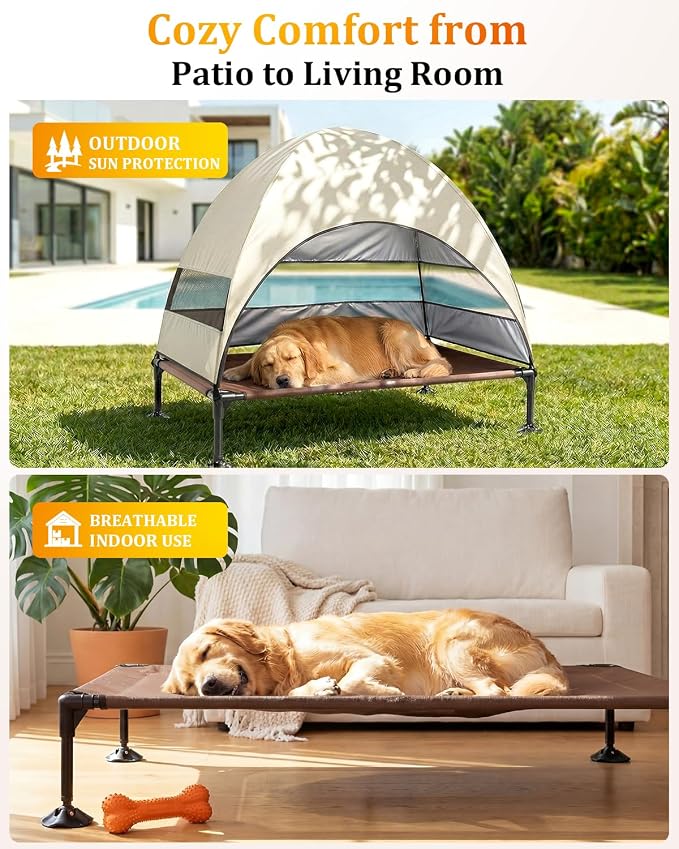 Elevated Dog Bed with Canopy - 3-Sided UV Protection Pet Tent with Wider Shade, Raised Cooling Outdoor Dog Cot with Breathable Mesh for Medium Large Dogs, Portable Bed for Camping, Patio (Khaki, L)