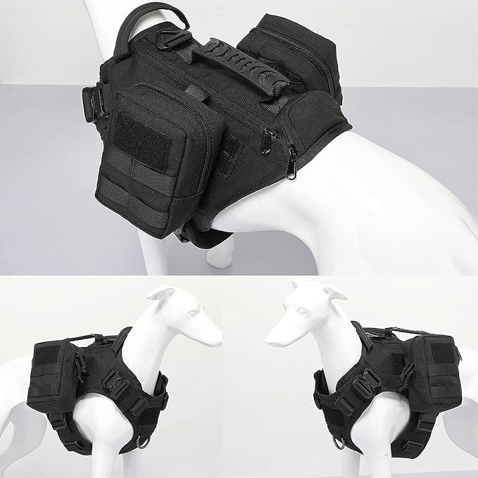 Tactical Dog Backpack Harness for Large Breed Original Design Metal Buckle Vest with Side Bags Pouches for Service Working Training (Black (with 2 Pouches), L)