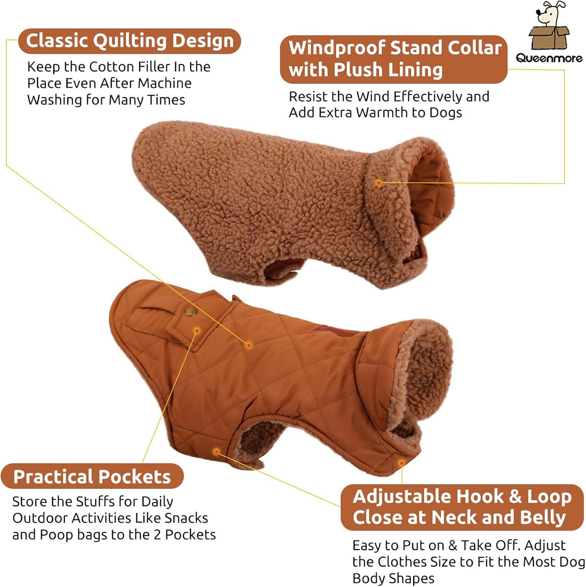 Queenmore Warm Coat for Cold Weather, Quilted Winter Jacket With Ultra Thick Plush Lining and Storage Pockets (Brown, X-Large)
