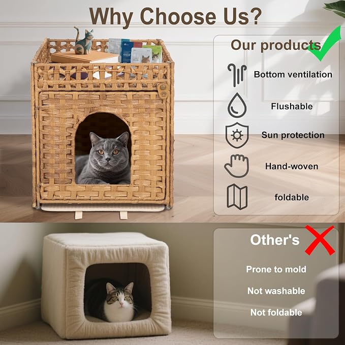 Handwoven Rattan Cat Litter Box Enclosure Furniture - Hidden Cabinet with Odor-Control Mat, Anti-Spill Fence & Secure S-Hooks for Living Room/Bedroom, 18.2"x18.2"x24.5" (Natural)
