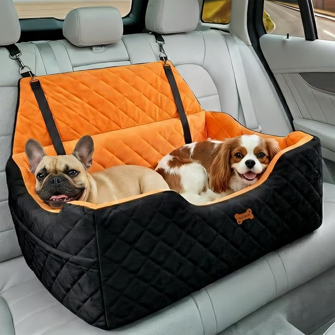 Dog Car Seat for Large Medium Dogs up to 55 lbs, Memory Foam Dog Booster Seat with Storage Pocket, 2 Safety Leashes,Washable Cover, Portable Anxiety Pet Travel Bed, Black