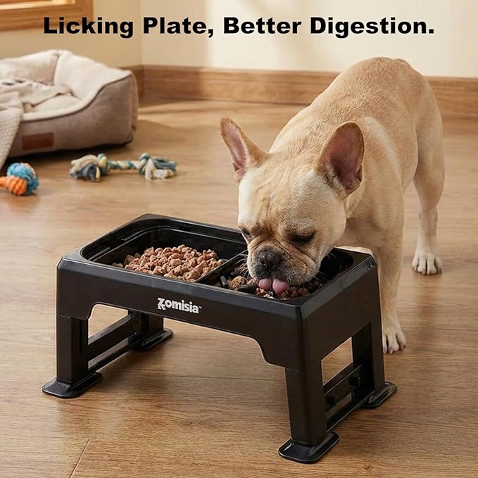 ZOMISIA Elevated Dog Bowls with No Spill Water Bowl, 6 Height Adjustable | 3-in-1 Dog Bowl Stand, Mess Proof Double Deck Design, 2 Stainless Steel Bowls, Licking Plate, For Small Medium Large Pets