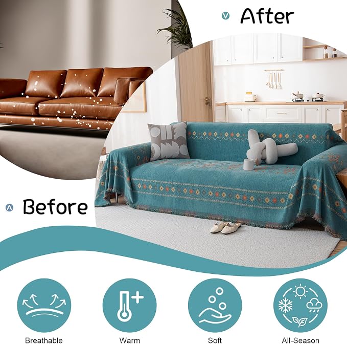 VClife Boho Couch Cover Green Geometric Jacquard Pattern Sofa Cover, 1 Piece Large Couch Covers for 3 Cushion Couch Sofa Washable Plush Chenille Sofa Protector for Living Room, 71x134 Inch
