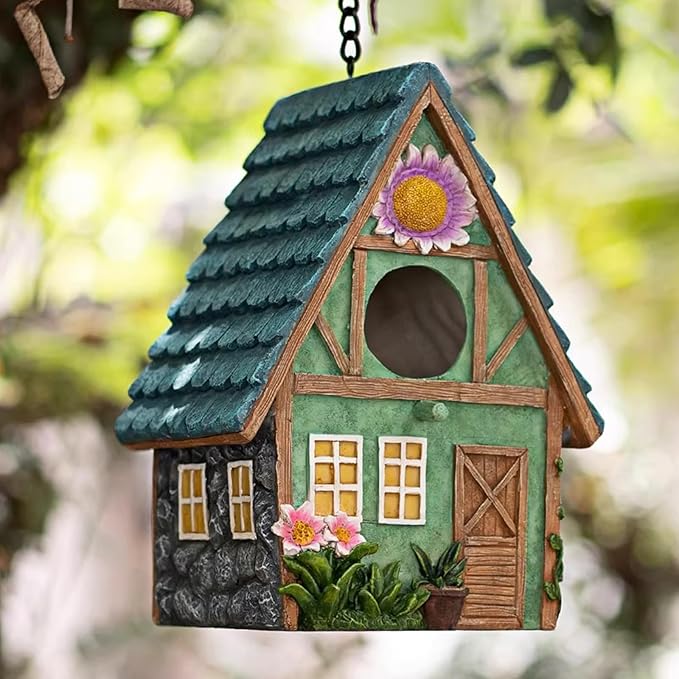Bird Houses for Outside Cottage-Style Hanging Birdhouse with Flower Accents – Hand-Painted Resin Decorative Birdhouses for Outdoors for Bluebird Finches Cardinals Bird Nesting Garden, Patio, Yard