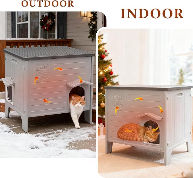 Insulated Cat House Outdoor Weatherproof Plastic Cats Houses for Winter | with Escape Door Indoor Waterproof Feral/Pet Cat Shelter Outside for Puppy, Rabbit (Grey)
