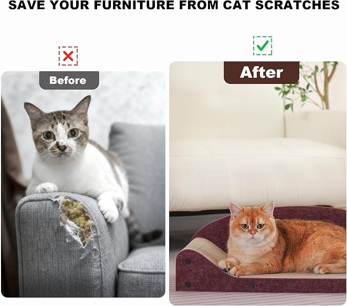 26" Cat Scratcher Bed, Large Scratcher Couch for Indoor Cats, Cardboard Scratcher Sofa, Durable Scratch Pad with Ball, Furniture Protector (Brown, Large)