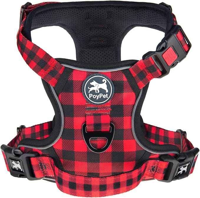 PoyPet Plaid Dog Harness Medium, No Pull Vest with Front Clip & Neck Buckle | Padded Handle, Reflective, No Choke, Lockable, 2 Leash Rings, Full Adjustable, for Training Walking, M, Checkered Red