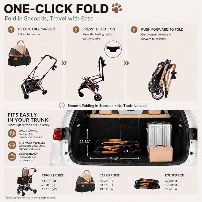 6-in-1 Cat Stroller for Cats & Small Dogs, Foldable Travel | Luxury Brown Pet Stroller, Detachable Carrier, Foldable Dog Stroller for Small Dogs, 360° Wheels, Frame Supports up to 50 lbs