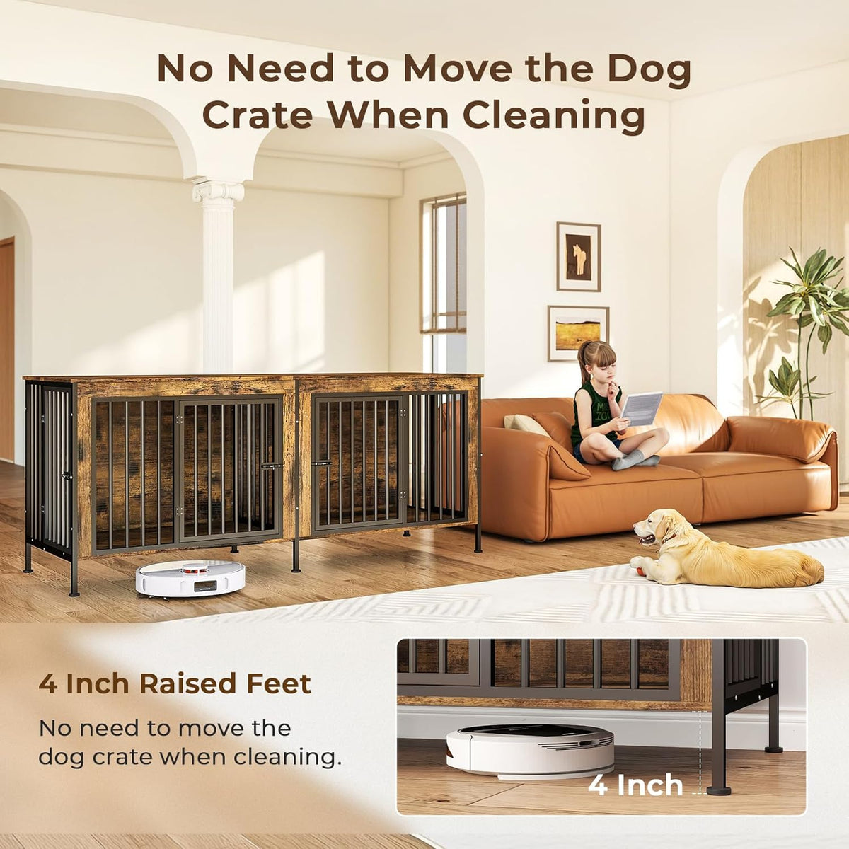 63 in Dog Crate Furniture for 2 Large/Medium Dogs with Removable Divider, Extra Large Double Doors Dog Kennel, XXL Thick Wooden Dog Cage Furniture,Sturdy and Durable, Brown