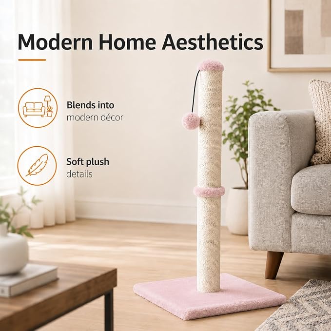 Dimaka Tall Cat Scratching Post, Claw Scratcher with Sisal Rope and Covered with Soft Smooth Plush, Vertical Scratch [Full Strectch] for Standard Size Cats (Pink, 29 inches for All Cats)