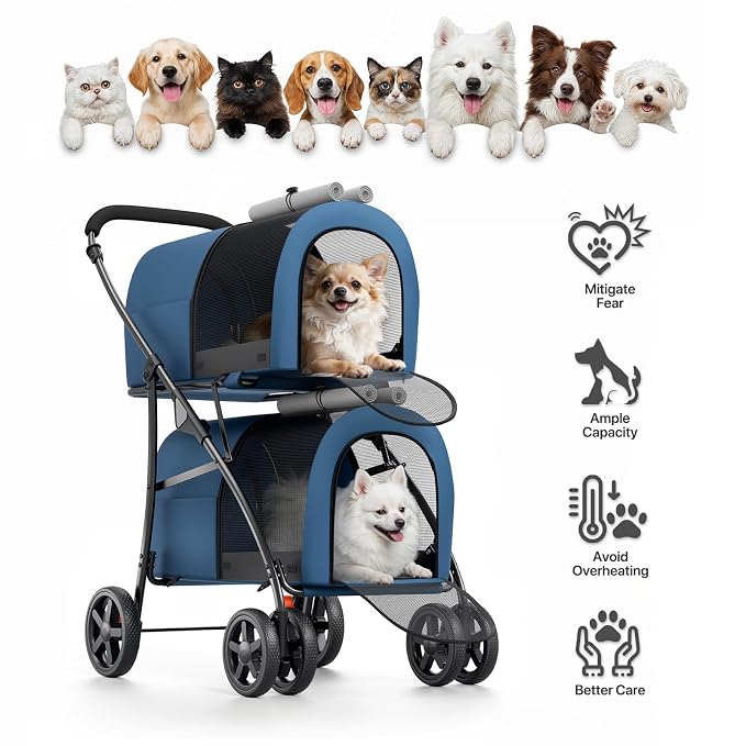 MoNiBloom Double Dog Stroller for Small and Medium Dog Cats, Navy Blue/Gray | Pet Stroller with Detachable Carrier Bags Large 4 Wheels Foldable Jogger for Small and Medium Dog Cats