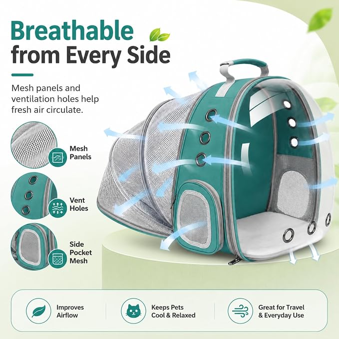 Expandable Cat Carrier Backpack for Cats & Dogs, Bubble Window Pet Travel Backpack with Breathable Mesh, Anti-Collapse Structure, Side Door, Safety Leash, for Vet Visits, Hiking, Outdoor, Green