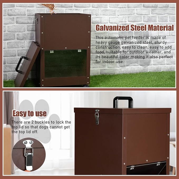 45Lbs Automatic Dog Feeder Large Breed, Easy to Move with Wheels | Large Capacity Outdoor Gravity Dog Feeder, Galvanized Metal Self Feeding Dog Food Dispenser with Clear Door