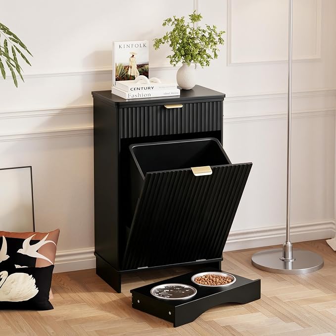 Tilt Out Trash Can Cabinet with Dog Bowl, 10 Gallons Dog Feeding Station with Storage Cabinet, Pet Feeder Cabinet with Hideaway Drawer for Kitchen, Living Room(Tilt-Out Dog Feeding Station-Black)