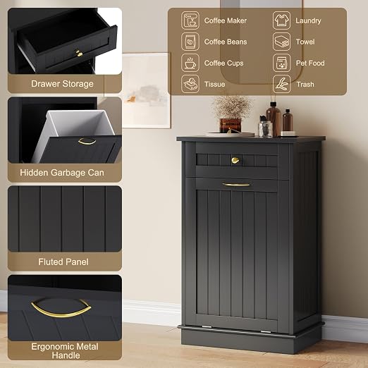10 Gallon Tilt Out Trash Can Cabinet with Drawer Hidden Trash Cabinet Black | Cabinet with Drawers for Kitchen, Bathroom and Laundry Room