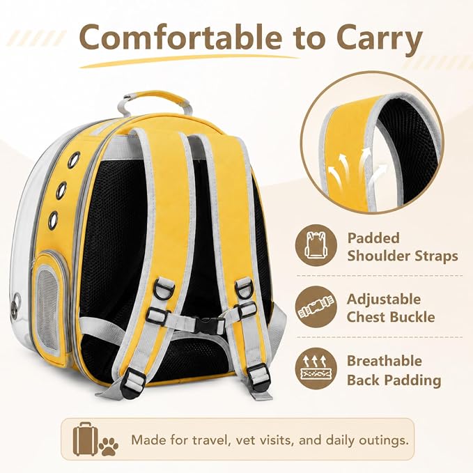 Cat Backpack Carrier Back Expandable Bubble Pet Carrier Backpack for Large Cat, Kitten and Dog, Designed for Hiking, Travelling and Outdoor Use (Back Expandable-Yellow)