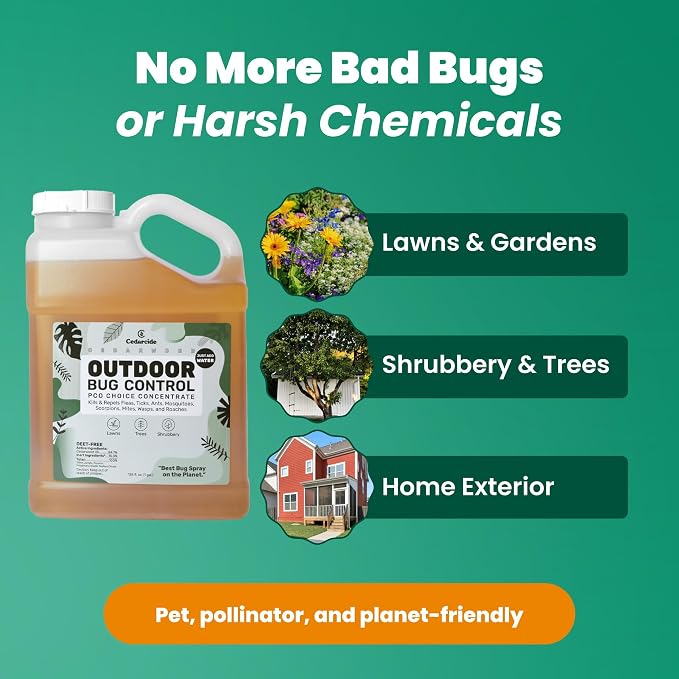 Cedarcide Outdoor Bug Spray | Kills & Repels Mosquitoes, Ticks, Fleas, Mites & More with Natural Essential Oils | Family & Pet-Safe | PCO Choice | Gallon | Kills & Repels Mosquitos, Ants, Mites, Chiggers, & Aphids