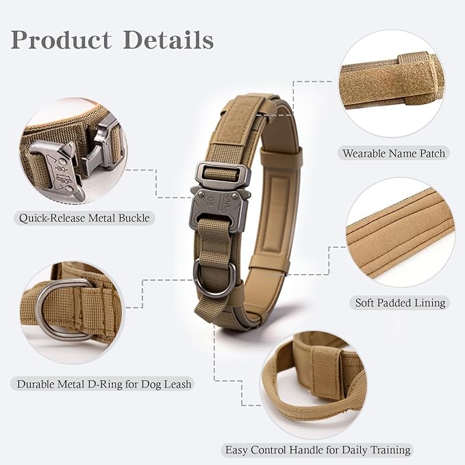 Tactical Dog Collar and Leash Set for Large Dogs with Control Handle，Brown | 1000D Heavy-Duty Nylon Fabric,Quick-Release Metal Buckle,Adjustable Fit,Soft-Padded Webbing,D-Ring,for Training & Hiking,M