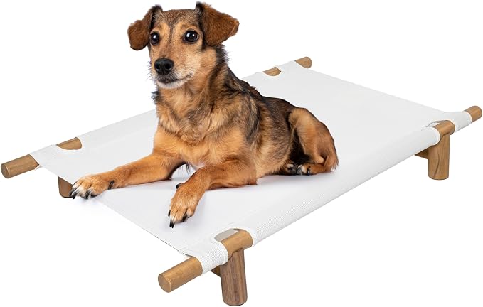 DBD5000A Chester 32" Modern Minimalist Wood Frame Elevated Outdoor Dog Bed, Snow/Light Teak
