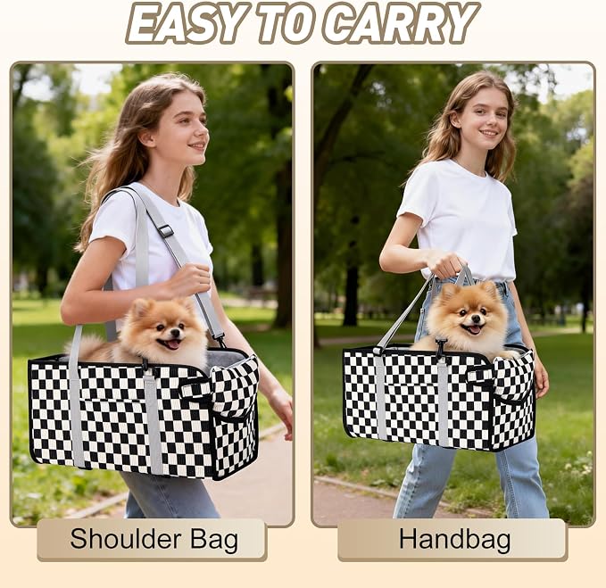 Console Dog Car Seat for Small Dogs, Foldable Booster Seat, Black Checkered | Portable Booster Seat Sits On Car Console/ Armrest. Foldable for Easy Storage. for Center Console, Easy To Clean.