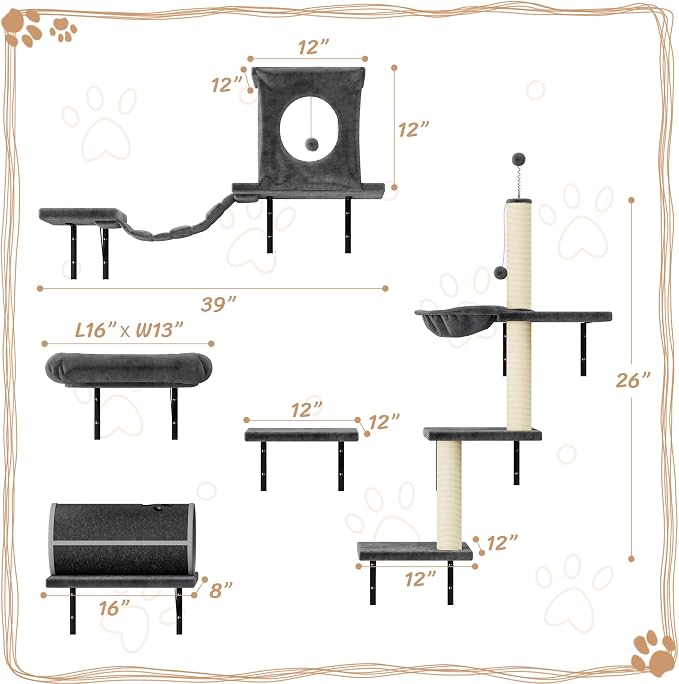 12-in-1 Cat Wall Shelves, Modern Wall-Mounted Cat Furniture, Wooden Climber Includes House, Bridge, Tree, Steps, and Scratcher, Space-Saving Cat Climbing Wall Systems, Dark Gray
