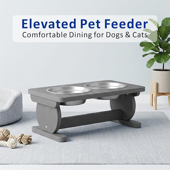Raised Dog Bowl Stand for Small Sized Breed, Feeding Station with 21 oz 2 Stainless Steel Bowls & Licking Plate,Dog Food Bowl Gray