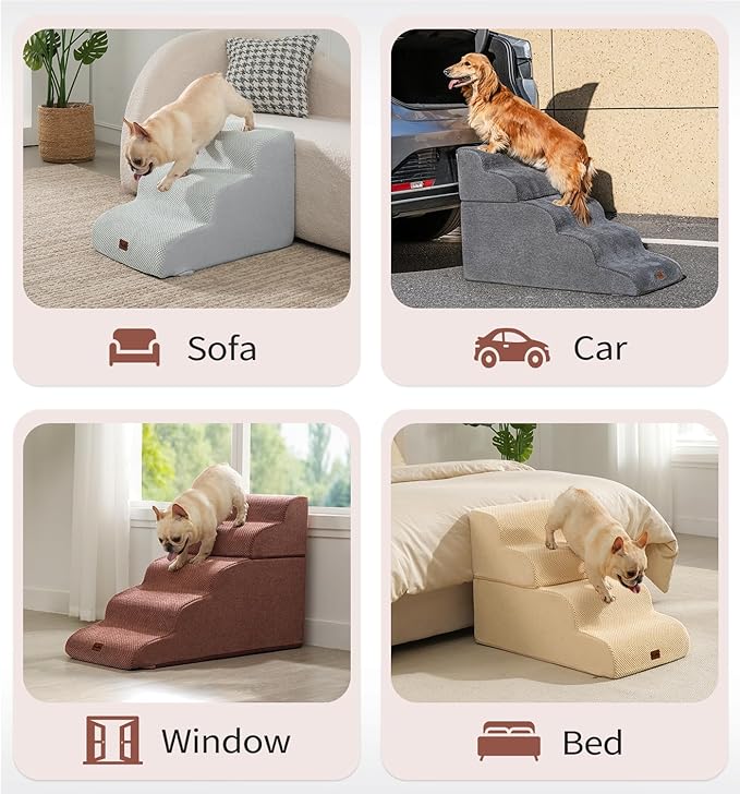 Made4Pets Dog Stairs Ramp for Bed 19.7" H, 4-Step Dog Steps for High Bed Couch Sofa Climbing, 35D Foam Pet Steps for Small Dogs and Cats, Non-Slip Bottom Pet Stairs, Brown