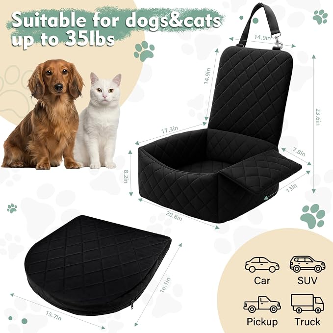 Dog Car Seat with Foldable Armrest for Small/Medium Dogs, Pet Travel Bed (Black)