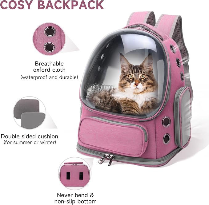 Cawypety Cat Backpack Carrier, Breathable Cat Carrier Large Space Bubble Pet Backpack for Kitty Small Dog up to 12lbs, Transparent & Foldable Pet Carrier for Travel Hiking（Pink）