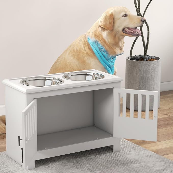 PawHut Large Elevated Dog Bowls with Storage Cabinet - 37L Capacity, Raised Dog Bowl Stand Feeding Station, White | Raised Dog Bowl Stand Pet Food Bowl Dog Feeding Station