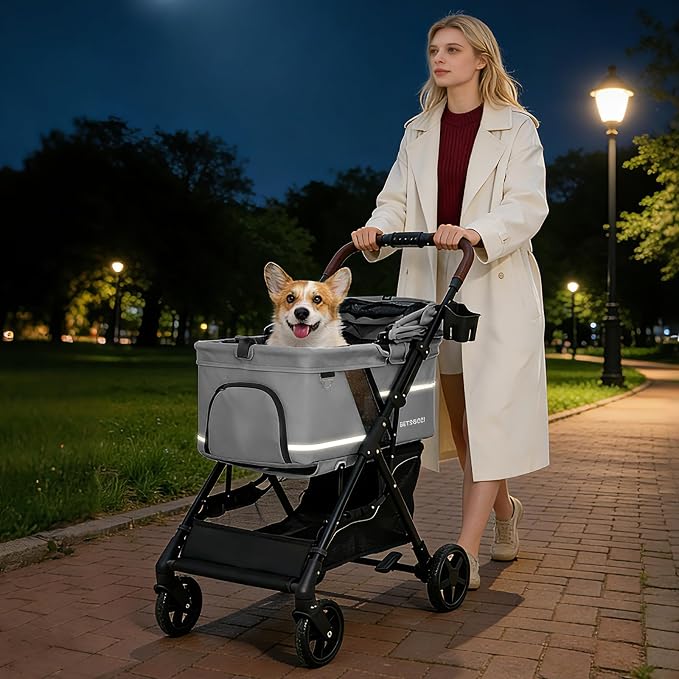 No-Zip Pet Stroller for Small Dogs & Cats, 44 lb, Gray | No-Zip Canopy, 44 lb Capacity, Reflective Trim, 2 Tethers, Lockable Front Wheels, Rear Brake and One-Hand Fold