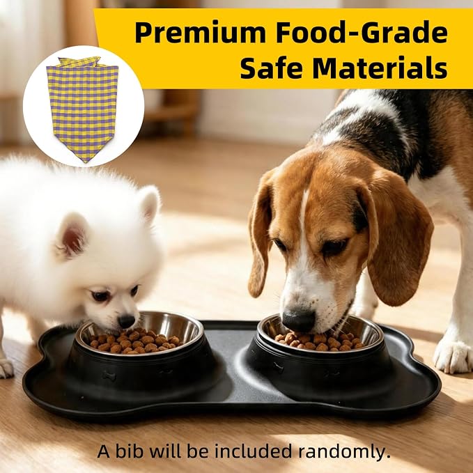 Double Stainless Steel Dog Bowls with Non-Slip Silicone Mat, Extra Small Puppy Food and Water Bowl Set, Spill Proof & Dishwasher Safe Pet Feeding Bowls for Small Dogs and Cats Under 8 lbs,BL (Black)