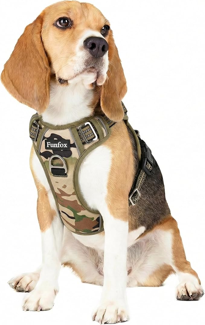Dog Harness No Pull, Adjustable Pet Vest Harness, Super Soft Material with Vertical Handle Easy Control, Reflective Night Walking, 2 Leash Clips for Medium Sized Dogs, Camo Green, M
