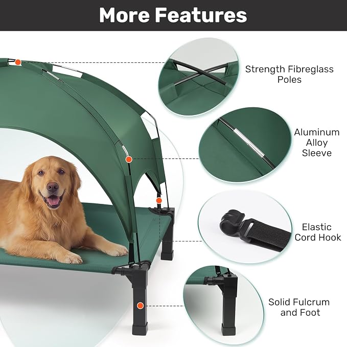Elevated Dog Bed with Removable Canopy, Sun Protection Shade Tent Dog Cot | Portable Outdoor Dog Bed, Raised Pet Cooling Cot Bed for Dogs, 60in