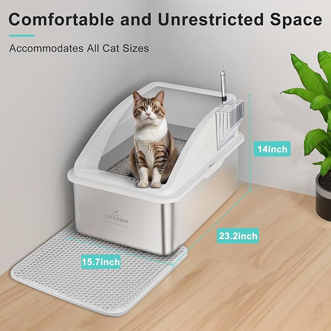 Stainless Steel Litter Box | XXL Deepened 8" Design Enclosed Box with Lid for Big Cats | High Sided, Anti-Urine Leakage | Non-Stick Bottom & Includes Litter Mat & Metal Scoop