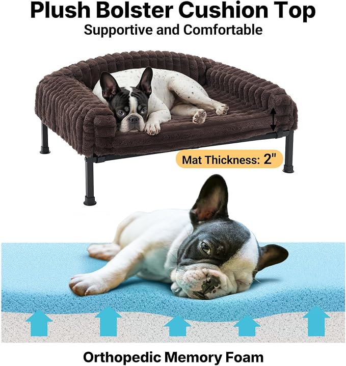 Veehoo Elevated Dog Bed with Bolster Cushion, Fluffy Plush Dog Couch Beds for Small Dogs, Cats, Washable Raised Pet Cot with Non-Slip Feet for Indoor or Patios Use, 24 x 18 Inches, Brown