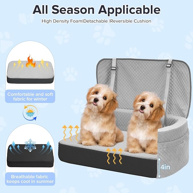 BLVRYVIO Large Dog Car Seat for Medium Sized Dogs Under 55lbs or 2 Smalls | Pet Booster Dog Seat for Car with 4" Memory Foam for Back Seat, Triple Safety Belts, Storage Pockets, Washable, Black