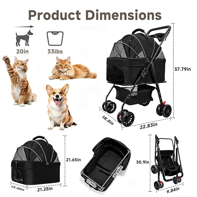 Pet Stroller for Small Dogs and Cats with 4 Wheels, 3 in 1 Foldable Dog Stroller with Detachable Carrier, Breathable Mesh, Storage Basket & Cup Holder, Up to 33 lbs