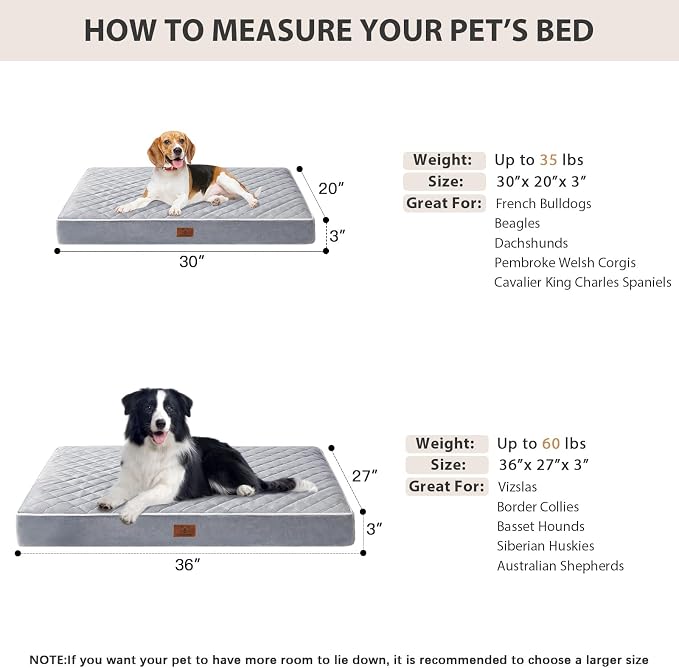 WNPETHOME Orthopedic Waterproof Dog Bed Medium for Comfy Sleeping | Washable Medium Pet Bed with Removable Cover, Multi-Needle Quilting Dogs Crate Bed Light Grey 30x20 Inch