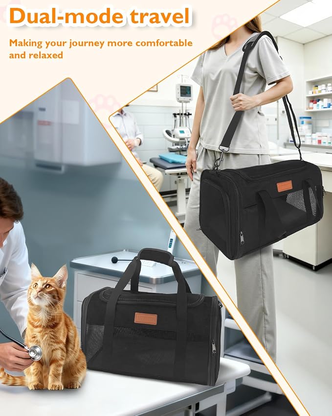 PETUX Airline Approved Pet Carrier for Small Cats up to 12 lb, Black | 17x11x9.5 in, Underseat, Top & Side Entry, Soft Sided Cat Carrier with Breathable Anti-Scratch Mesh for Travel & Vet