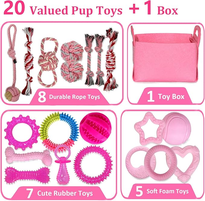 PawsAion Puppy Toys Set - 20 Pack Pink Dog Chew Toys for Teething Small Breeds - Tough Rope Toys for Puppies, Cute Soft Rubber Toys Bundle with Basket for Girl Pets