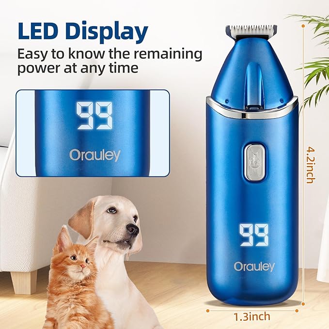 Dog Paw Trimmer, Low-Noise Dog Clippers for Grooming, 20mm-Blade Electric Pet Hair Trimmer with LED Light, Protective Cap, Rechargeable Pet Paw Grooming Clippers for Paws, Ears, Face, Jewel Blue