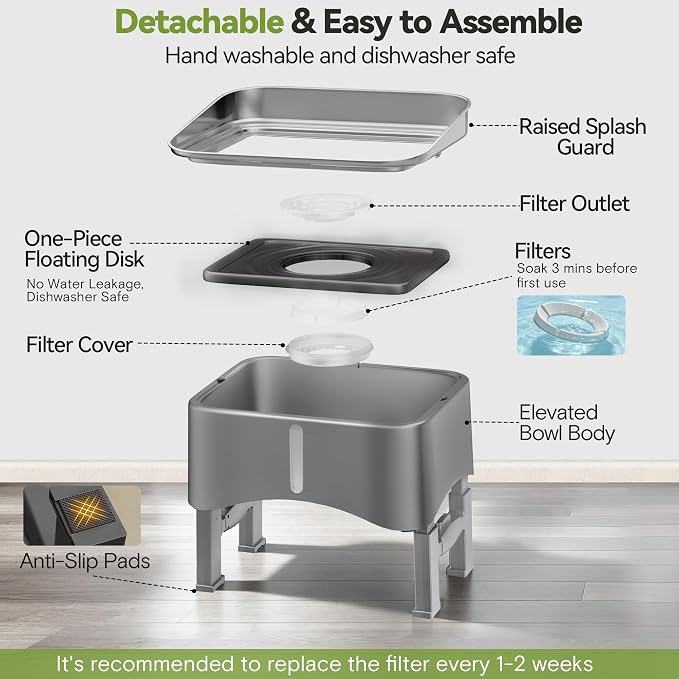 UPSKY 2.9Gal No Spill Dog Water Bowl, 4 Height Adjustable Elevated Bowl with Slow Drinking Feeder for Senior Dogs, Anti-Splash Floating Disk & Filter, Large Capacity for Large Dogs & Multi-Pet Homes