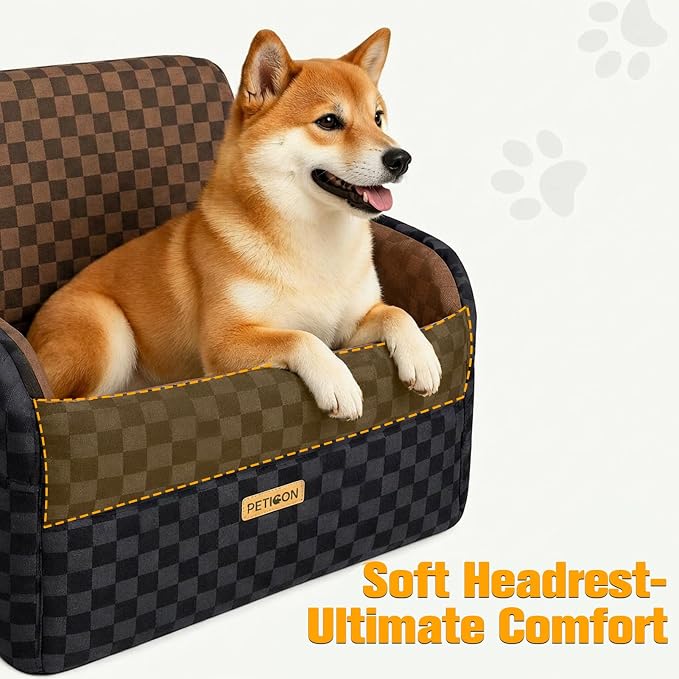 PETICON Waterproof Dog Car Seat for Small Medium Dogs, 5in Memory Foam | Pet Booster Seat for Dogs up to 35 lbs with Pockets, Detachable Washable Pet Carseat with Y-Shape Safety Belt